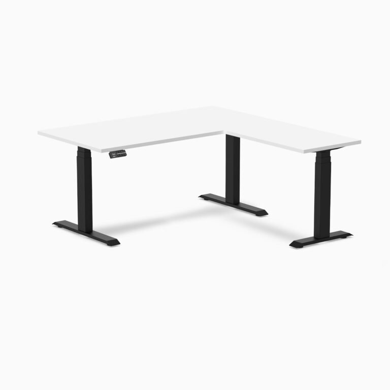Desky L-Shape Laminate Sit Stand Desk — White / 59 x 29.5 x 61.5 x 20 inches / Matte Black